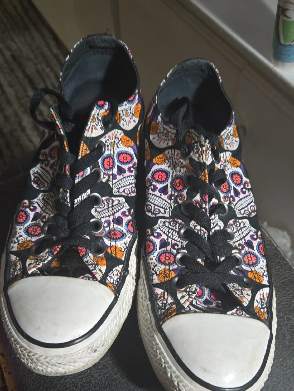 Converse Sneakers with Black Canvas and Colorful Sugar Skull Accent, Mens 7 - Picture 1 of 6